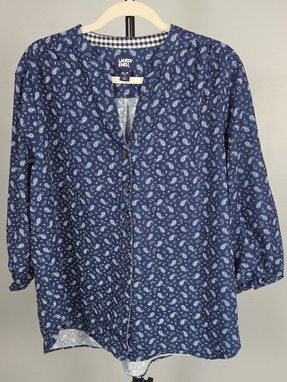 Lands' End Blue Paisley Split Neck 3/4 Sleeve Blouse Top XL Petite VGC